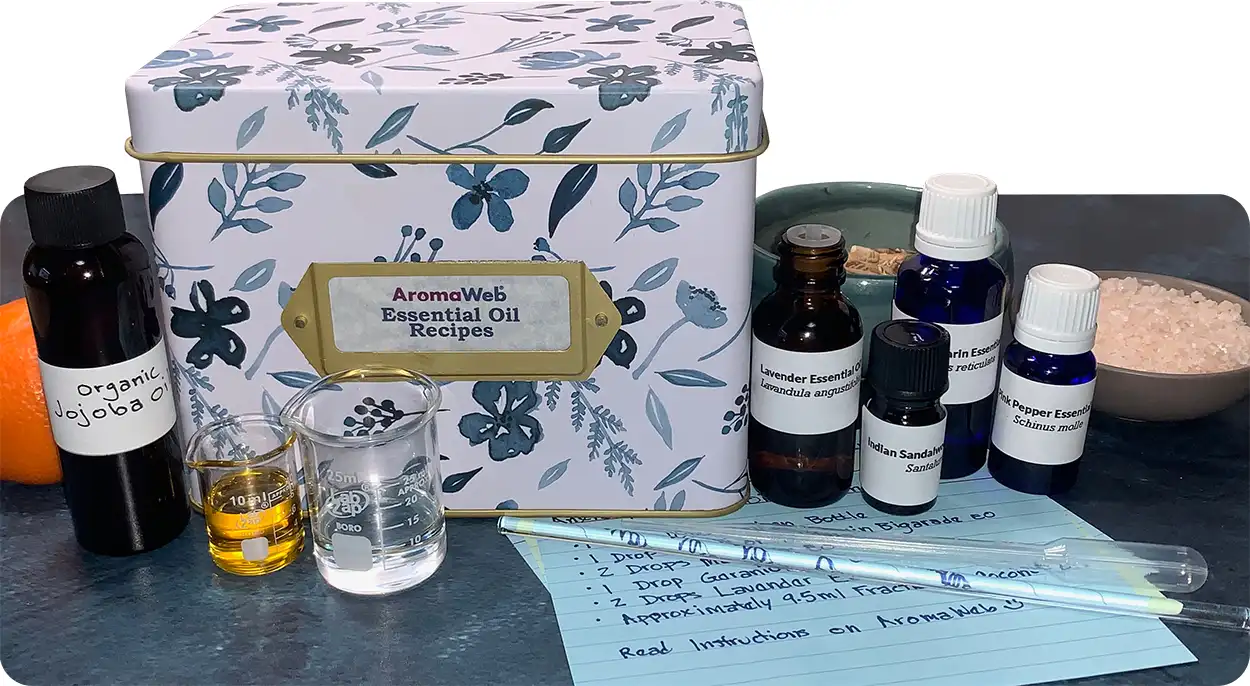 Photo of Essential Oil Recipe Box with Ingredients, Supplies and Recipe Cards