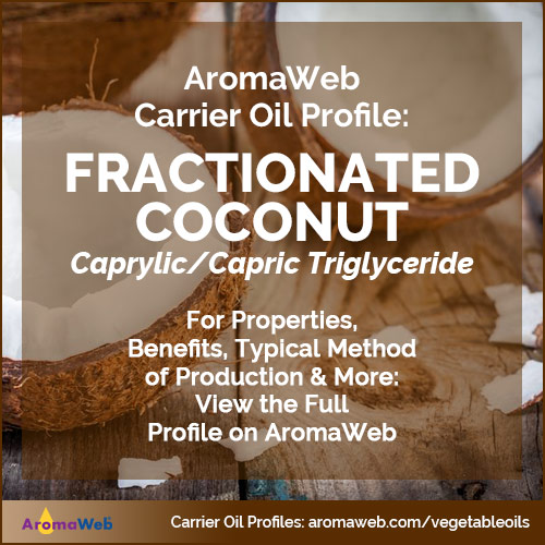 Photo of an opened coconut surrounded by text that says AromaWeb Carrier Oil Profile: Fractionated Coconut