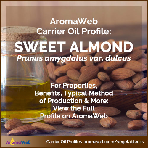 Photo of almond oil surrounded by almonds and text that says AromaWeb Carrier Oil Profile: Sweet Almond