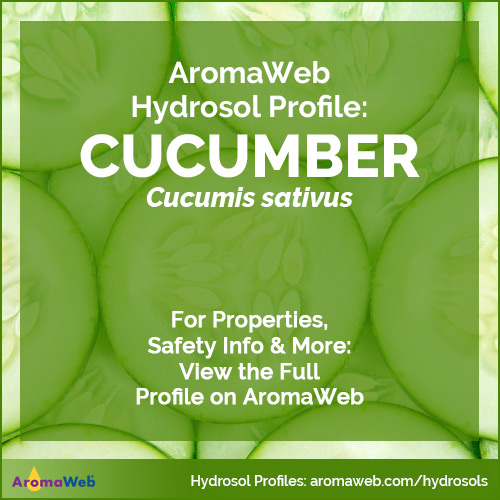 Photo of cucumber slices surrounded by text that says AromaWeb Hydrosol Profile: Cucumber
