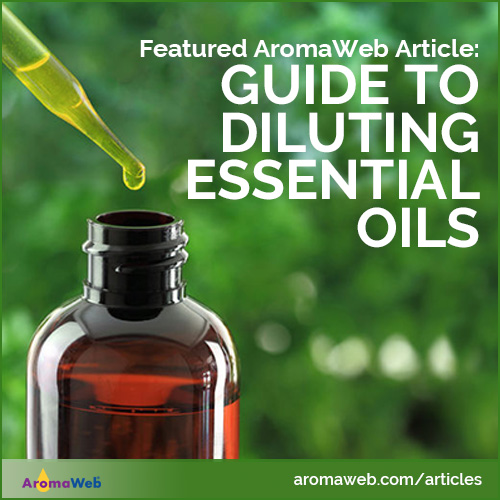 Photo of a dropper being used to drop essential oils into an amber bottle with text alongside that says Guide to Diluting Essential Oils